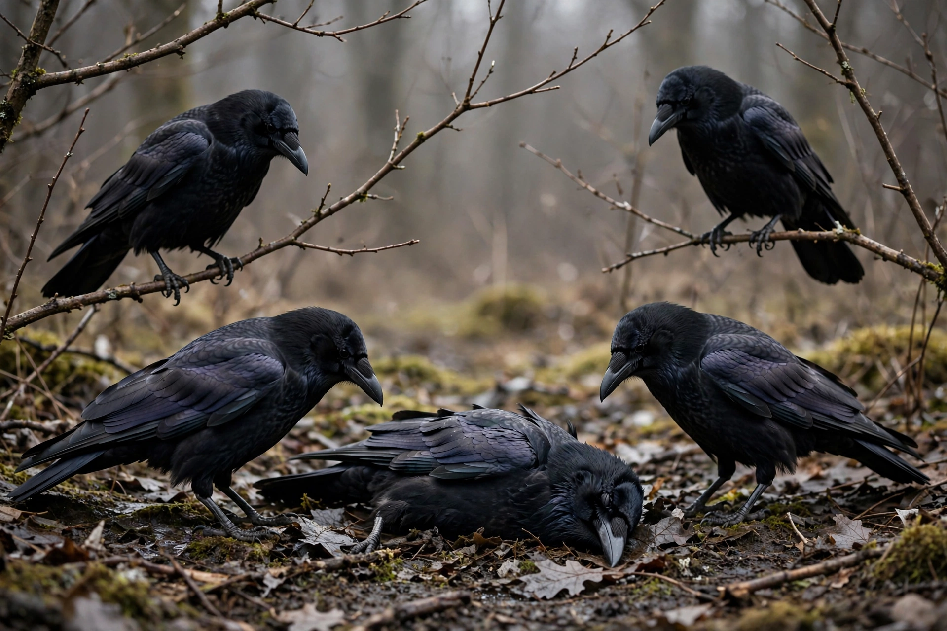 Do crows hold funerals - crows gathering around a dead crow in a field