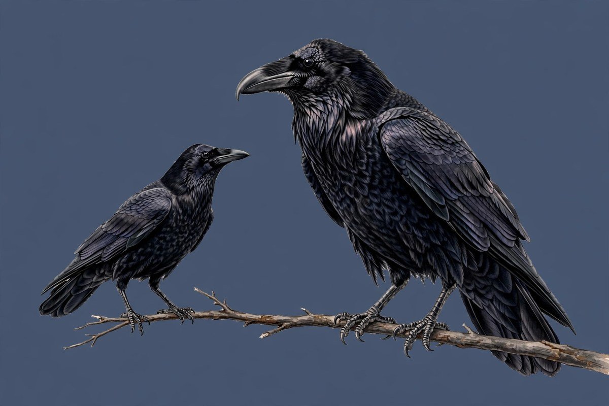 Side-by-side crow vs raven comparison illustration showing a larger raven with a heavy curved bill next to a smaller crow