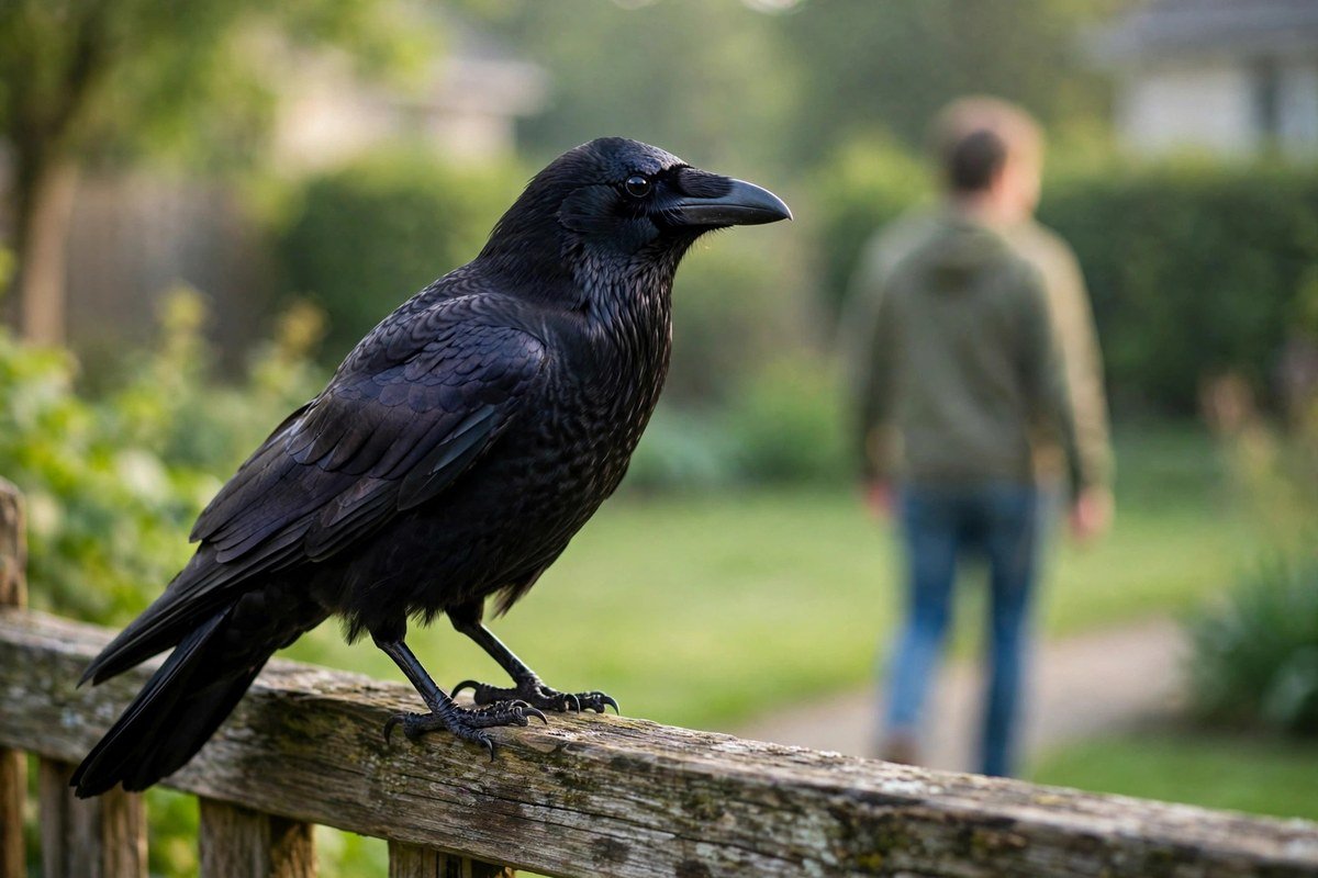An American crow perched on a backyard fence watching a person walk by, showing why the answer to do birds remember you is yes
