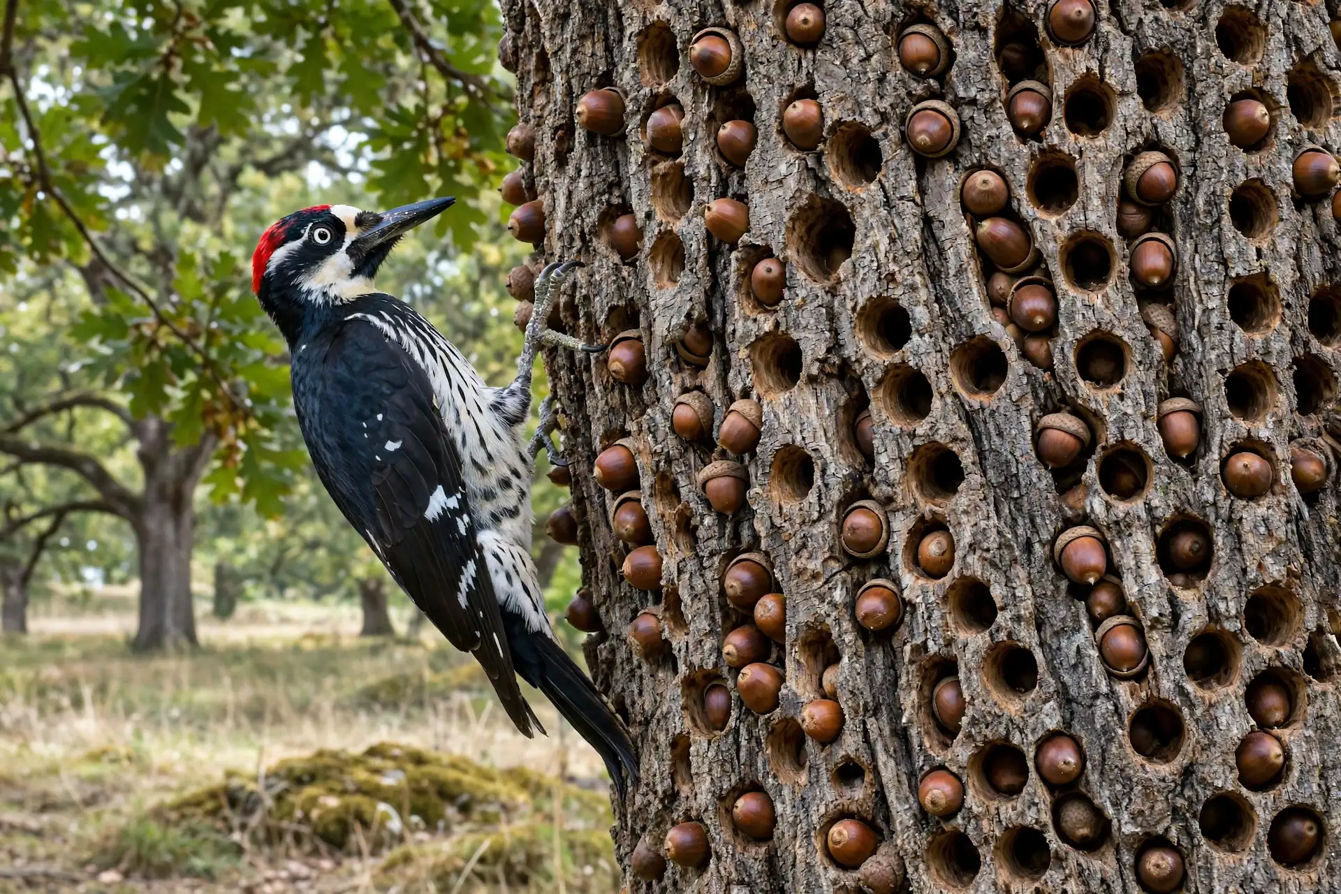 An acorn woodpecker clinging to a granary tree trunk filled with acorns wedged into bark holes