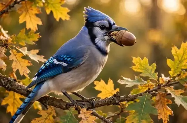A blue jay holding a large acorn in its beak while perched on an oak branch with autumn leaves