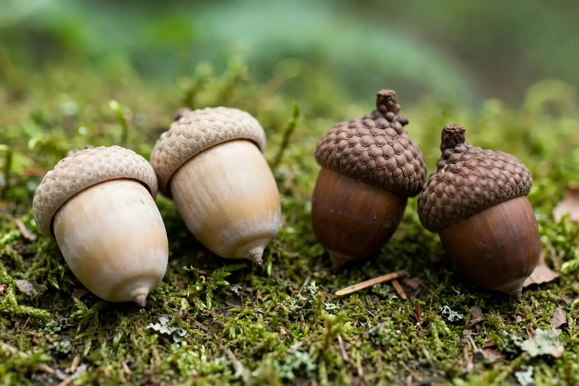 White oak acorns and red oak acorns resting side by side on green moss in close-up