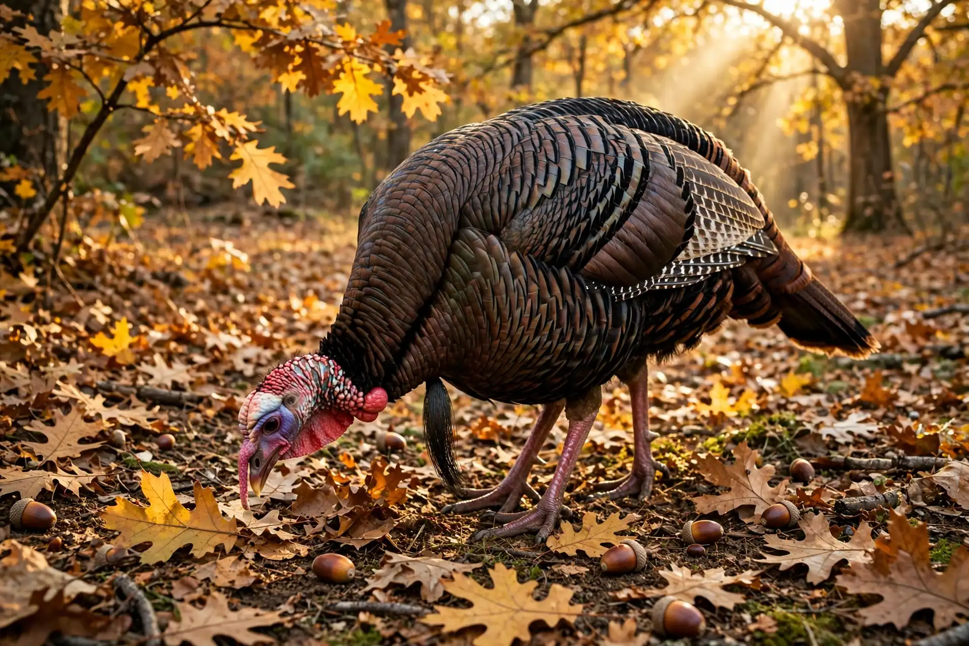 A wild turkey foraging for fallen acorns among golden autumn leaves on the forest floor