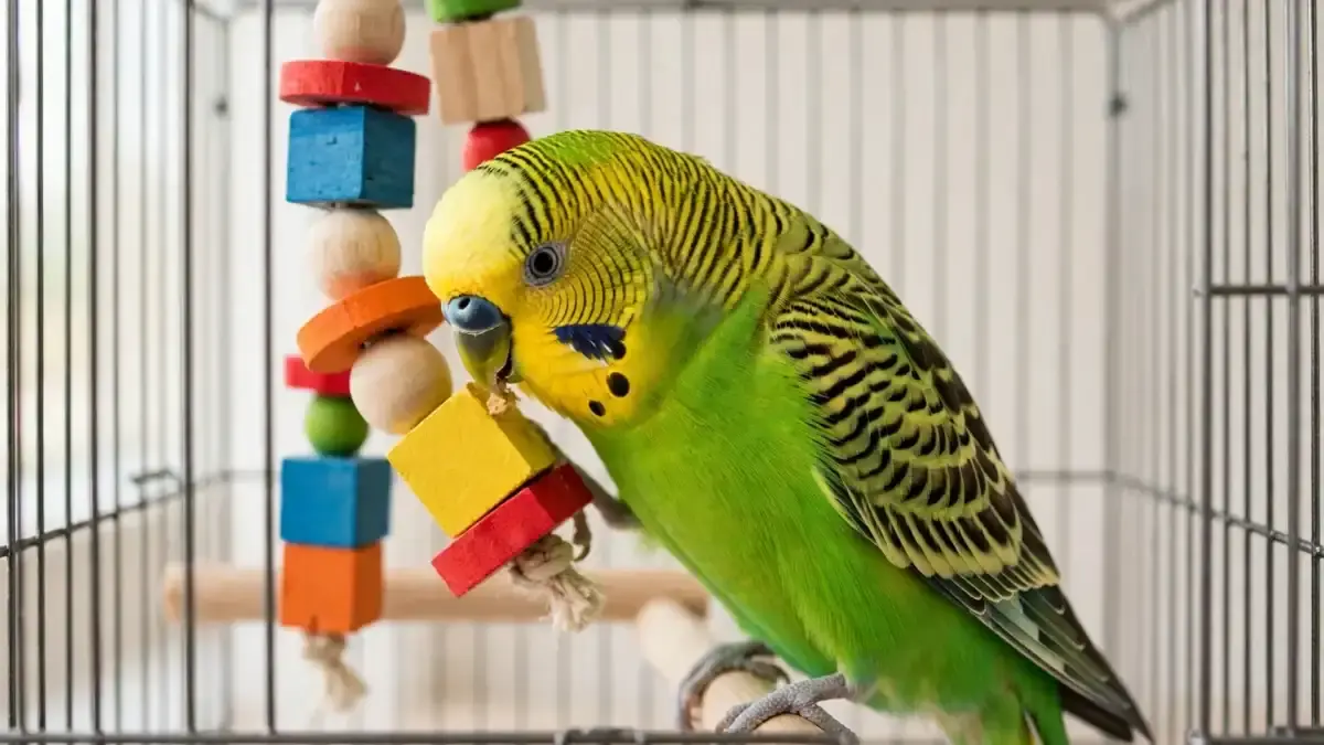 A bright green and yellow budgerigar playing with a colorful wooden toy inside a spacious birdcage