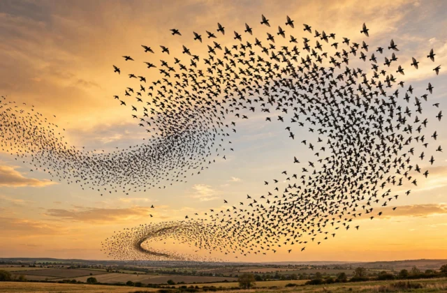 A starling murmuration swirling in the sky, showing how do birds get dizzy so rarely during fast turns