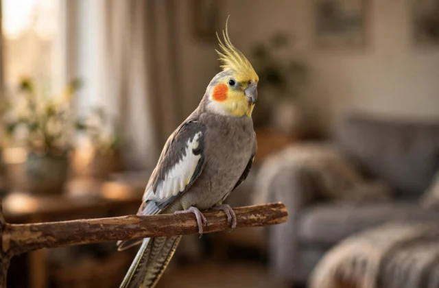 A single grey cockatiel with a yellow crest sitting alone on a perch indoors