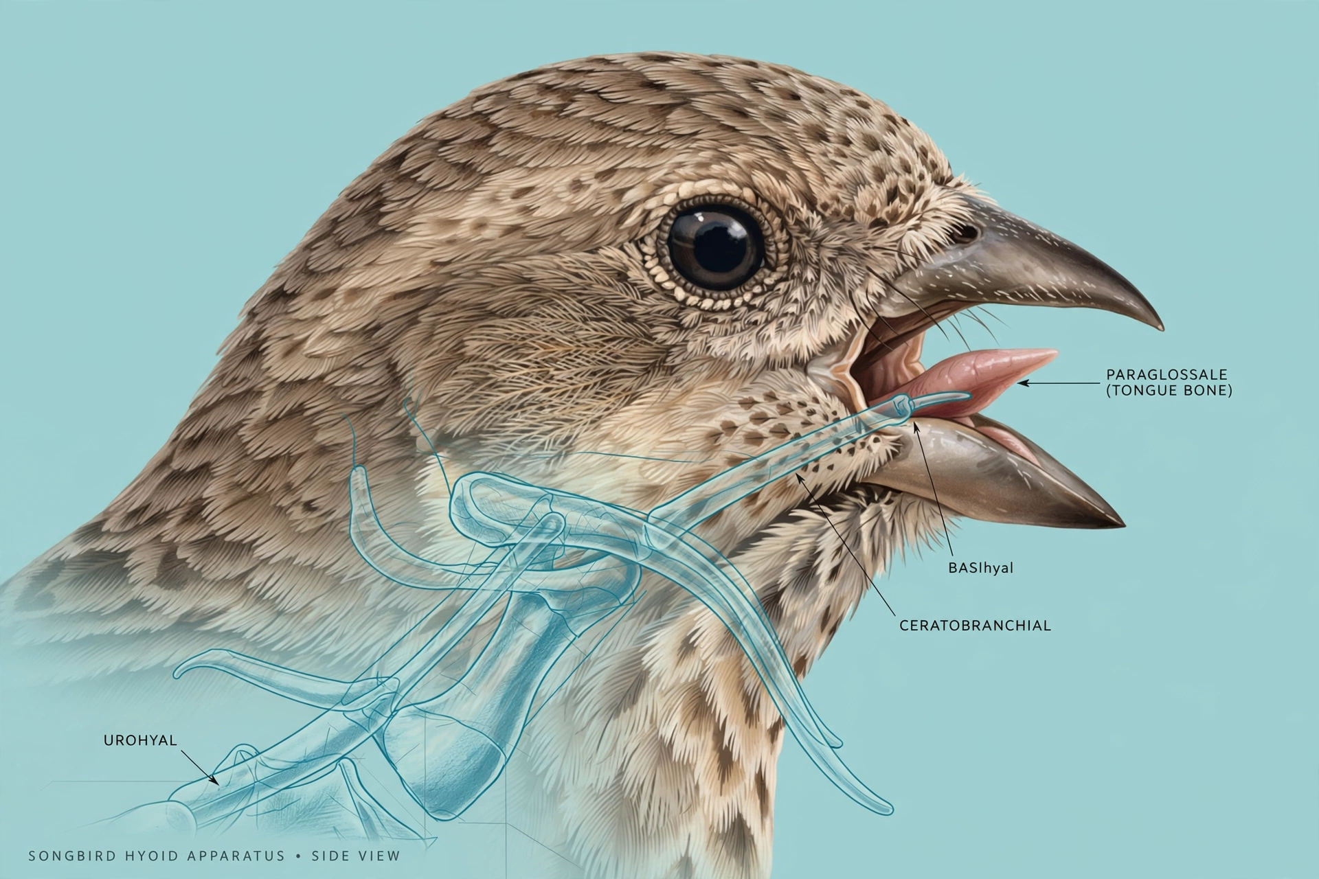 Close-up of a songbird head with beak open revealing its tongue and hyoid bone structure