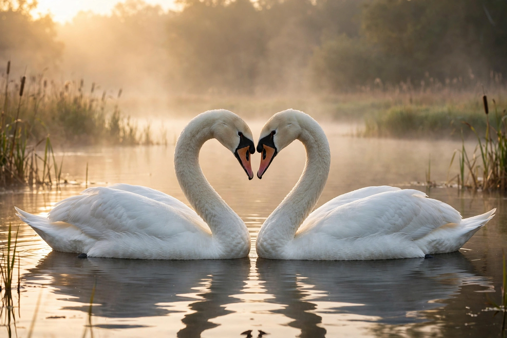 Two mute swans on a lake at sunrise with their necks curved together in a heart-like shape