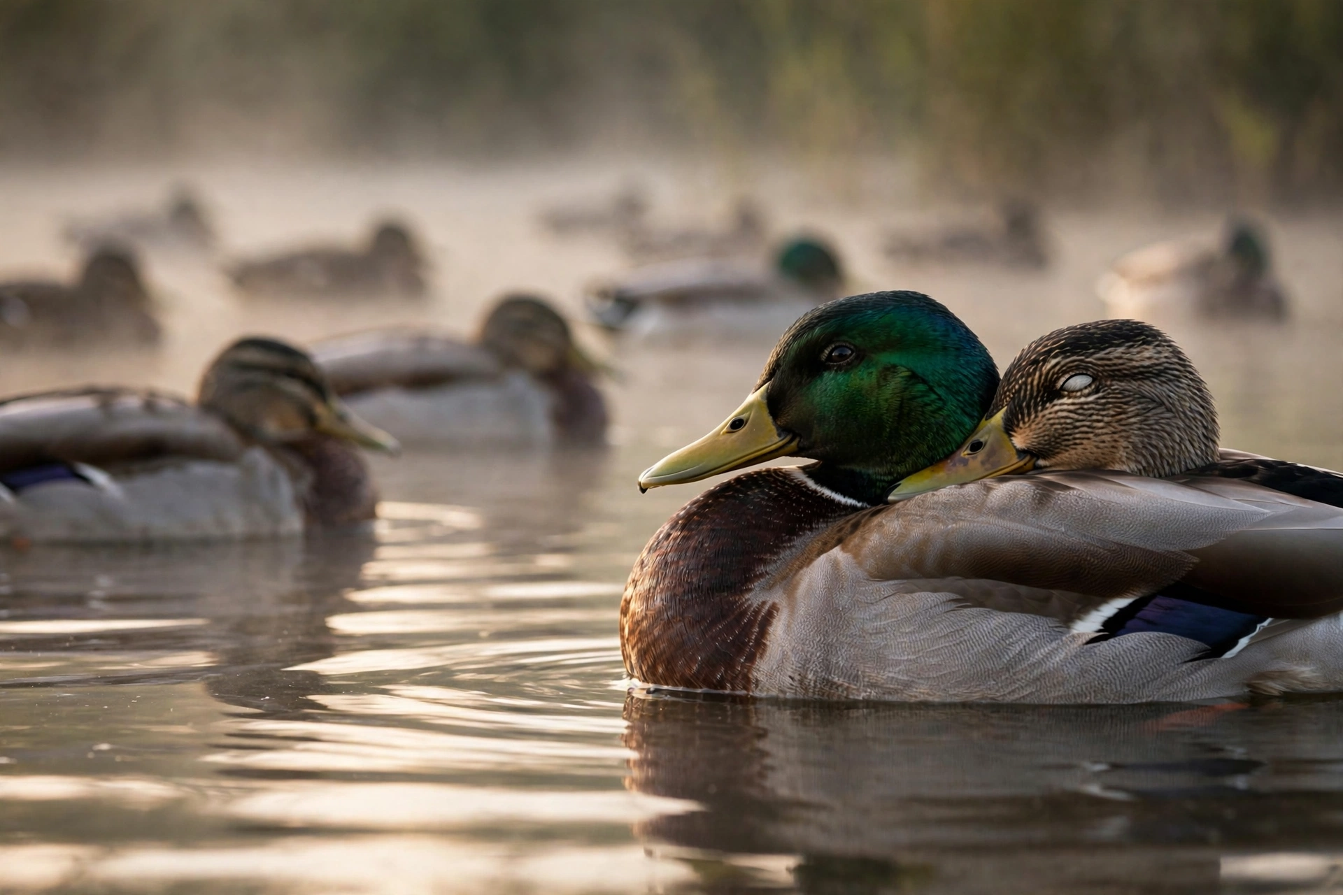 A mallard duck resting on a misty lake at dawn with one eye open, while other ducks sleep behind it