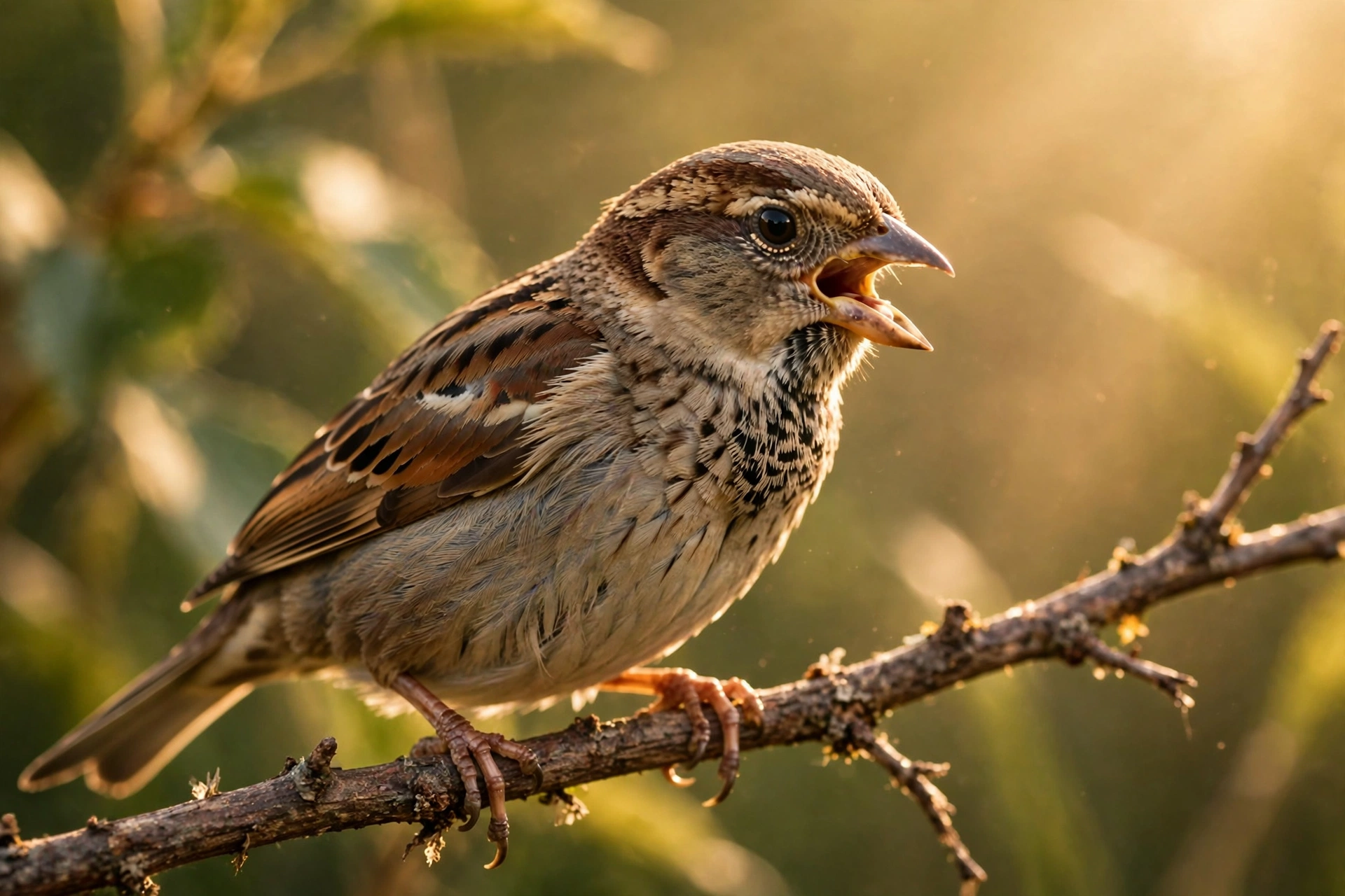 A songbird perched in summer heat with its beak open, panting to cool down, which answers the question do birds sweat
