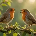 Two European robins perched face to face on a leafy branch with beaks open, singing in soft morning light