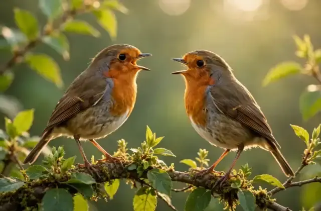 Two European robins perched face to face on a leafy branch with beaks open, singing in soft morning light