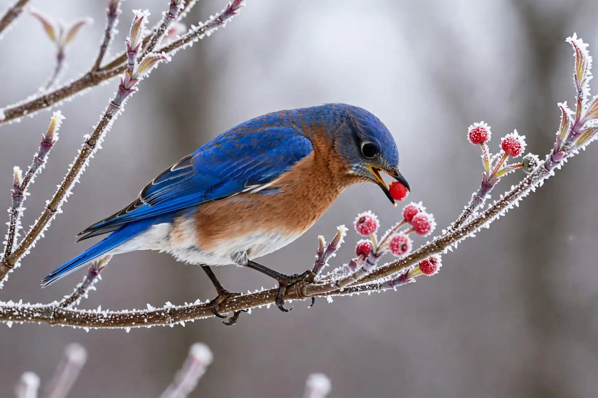 Do Bluebirds Migrate? Where Eastern Bluebirds Go in Winter 3 Eastern Bluebird eating a red berry on a frosty winter branch