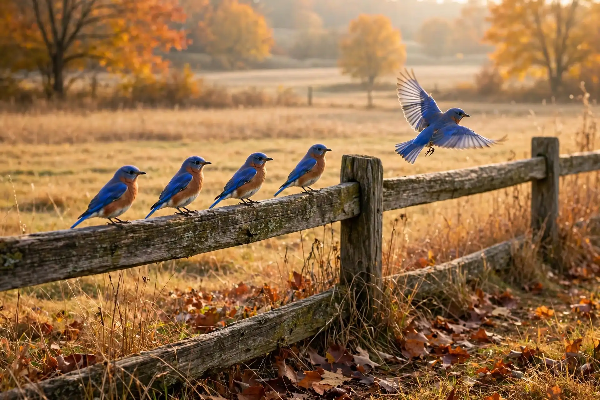 Do Bluebirds Migrate? Where Eastern Bluebirds Go in Winter 2 Small flock of Eastern Bluebirds perched along a fence at a pasture edge in autumn