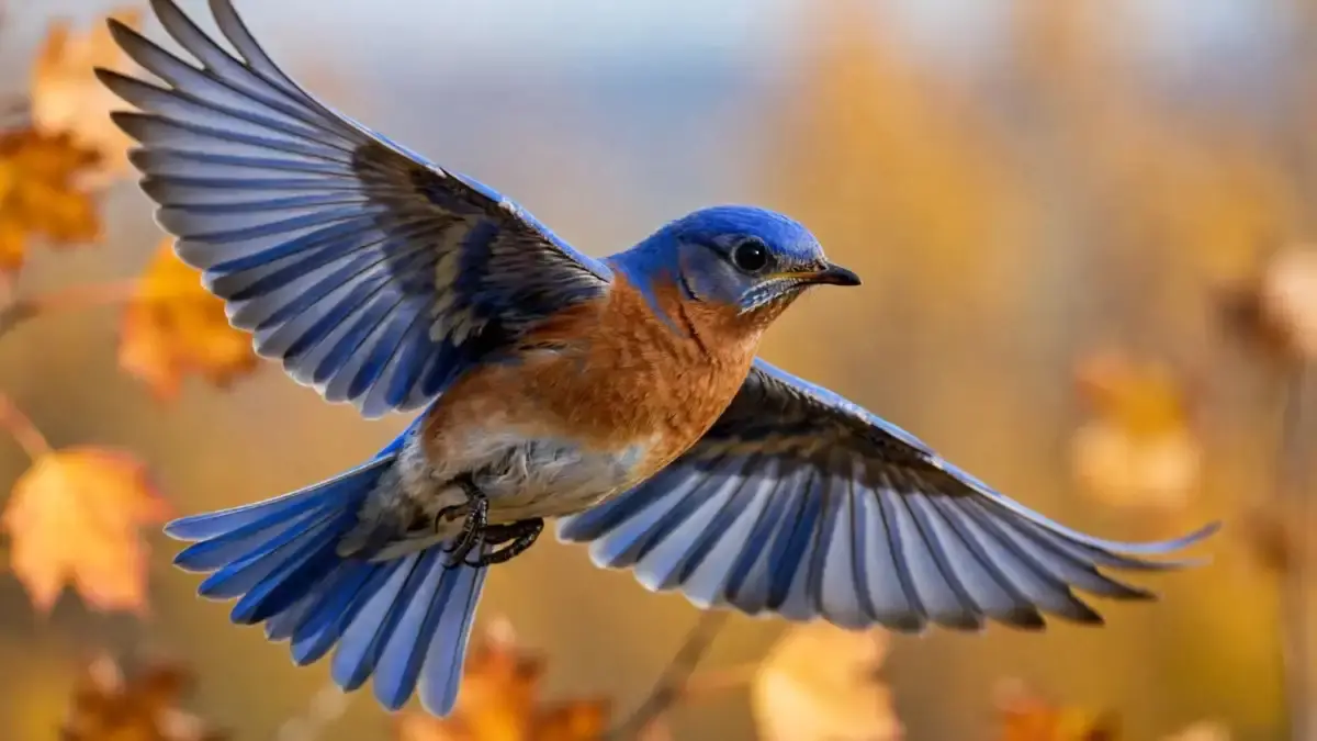 Eastern Bluebird with blue wings and rusty breast in flight against autumn foliage