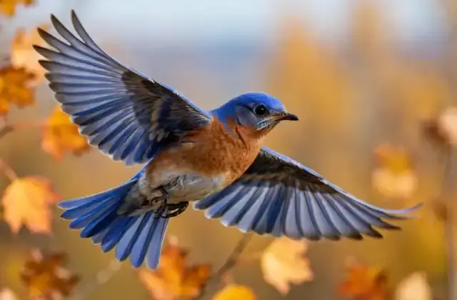 Eastern Bluebird with blue wings and rusty breast in flight against autumn foliage