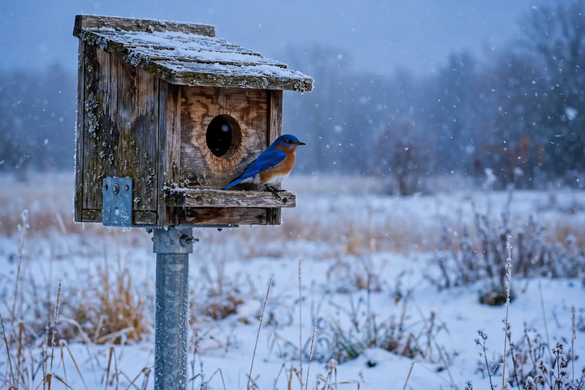 Do Bluebirds Migrate? Where Eastern Bluebirds Go in Winter 4 Wooden bluebird nest box on a pole in a snowy meadow with a bluebird at the entrance