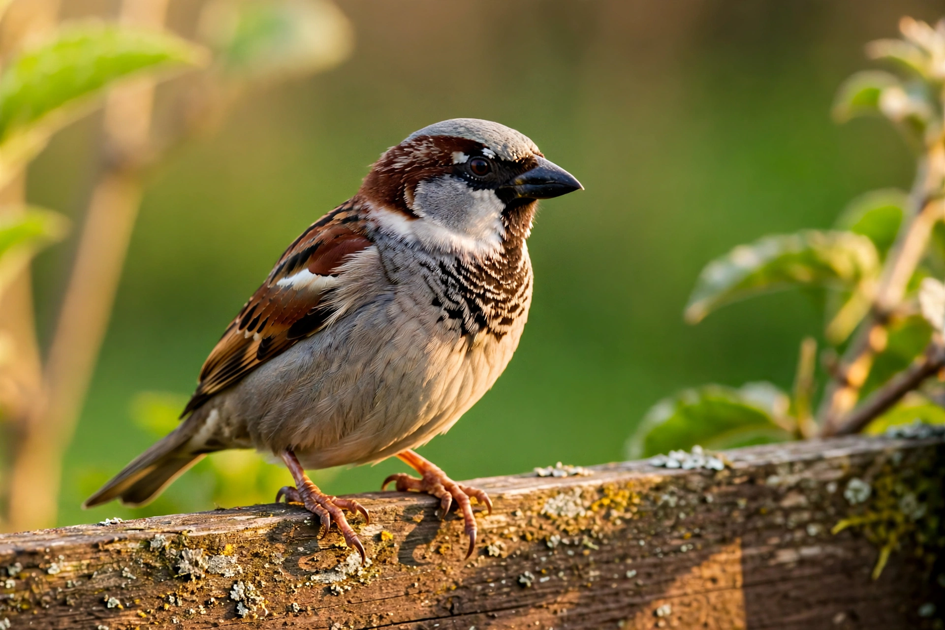 A male house sparrow with a grey cap, chestnut neck and black bib perched on a wooden fence in a garden