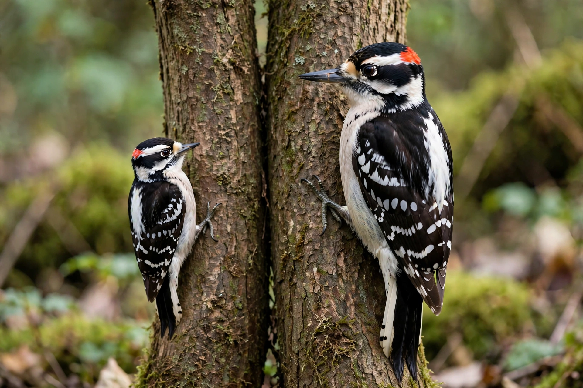 Downy woodpecker vs hairy woodpecker side by side on tree trunks showing the size and bill length differences