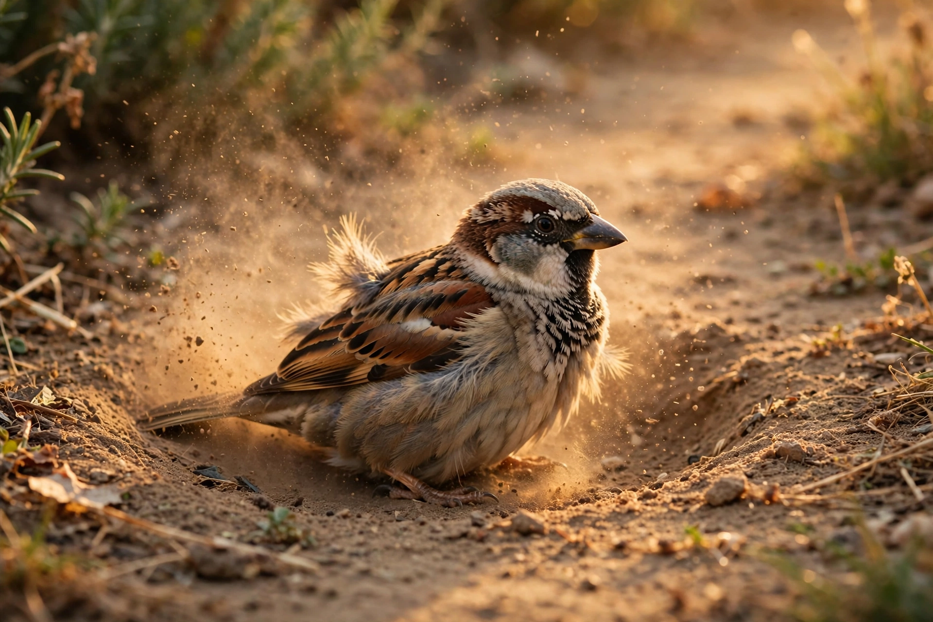 House sparrow dust bathing in warm soil, illustrating why do birds dust bathe