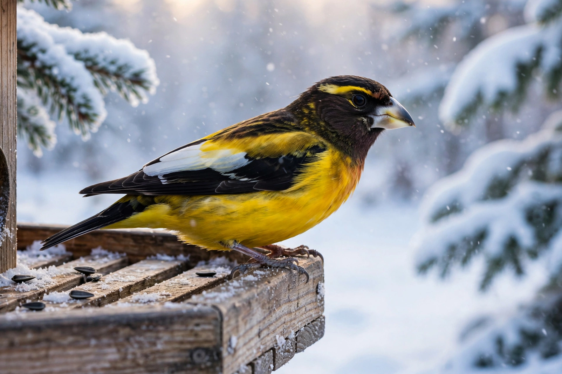 A male evening grosbeak with a dark head, yellow eyebrow stripe and massive pale bill perched on a snowy wooden platform feeder