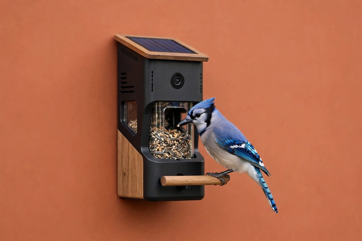 Bird Buddy and Birdfy smart bird feeders with cameras side by side in a garden