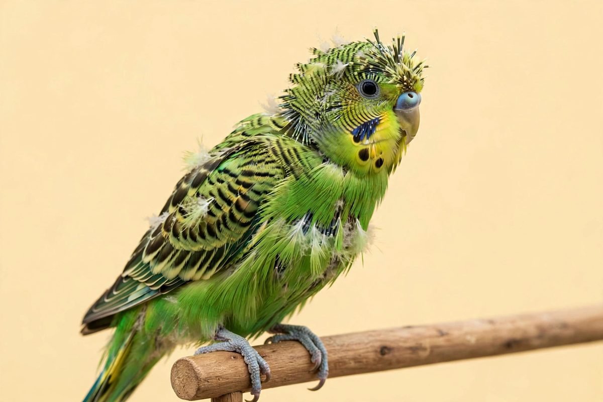Green parrot with patchy feathers showing signs of molting