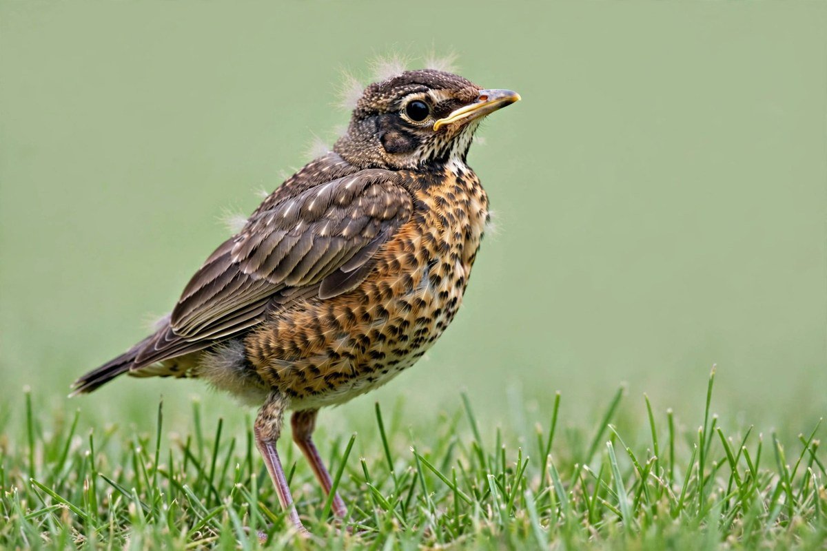 Fledgling robin standing alert on grass, the first step in knowing what to do if you find a baby bird
