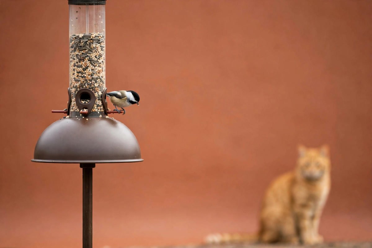 Chickadee feeding at a pole-mounted tube feeder with a dome baffle while a cat watches from a distance, illustrating how to keep cats away from bird feeders