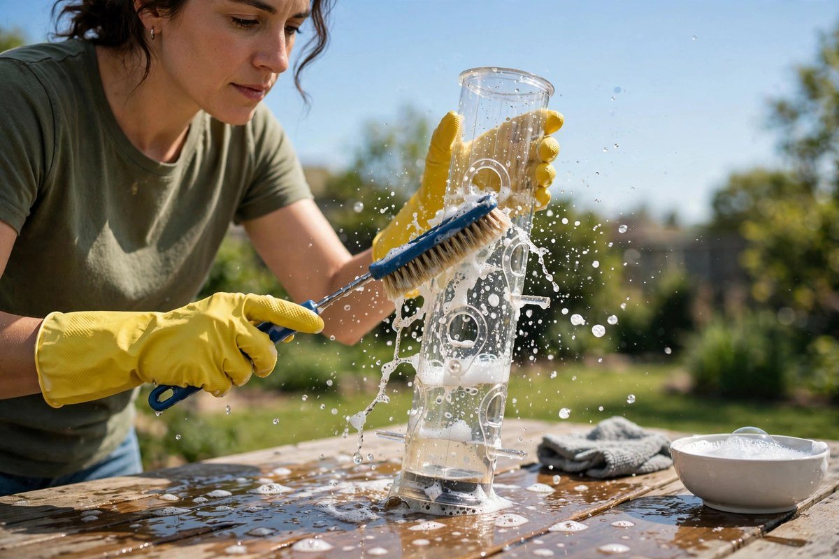 Person scrubbing a tube bird feeder clean at an outdoor table, showing how to clean bird feeders