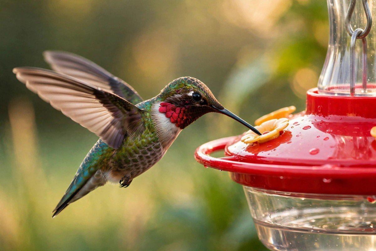 Ruby-throated hummingbird feeding at a red saucer feeder, showing how to keep bees away from hummingbird feeders