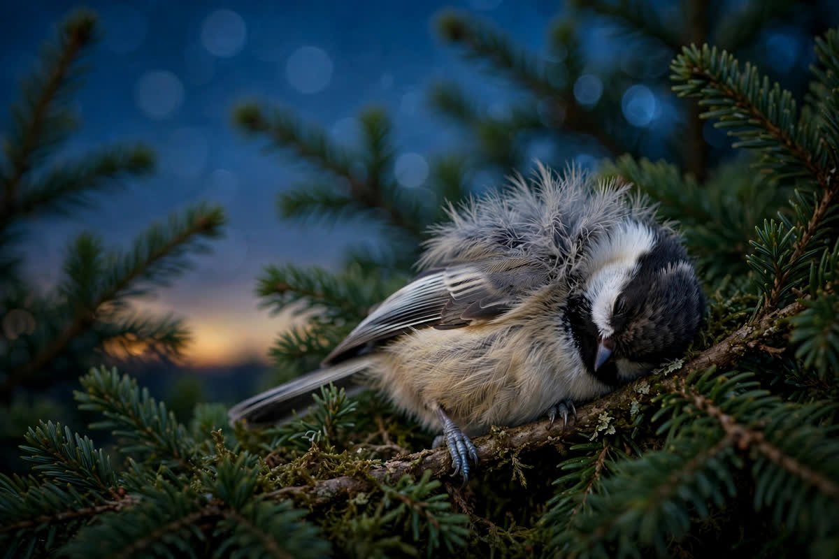 A chickadee fluffed up and asleep on an evergreen branch at dusk