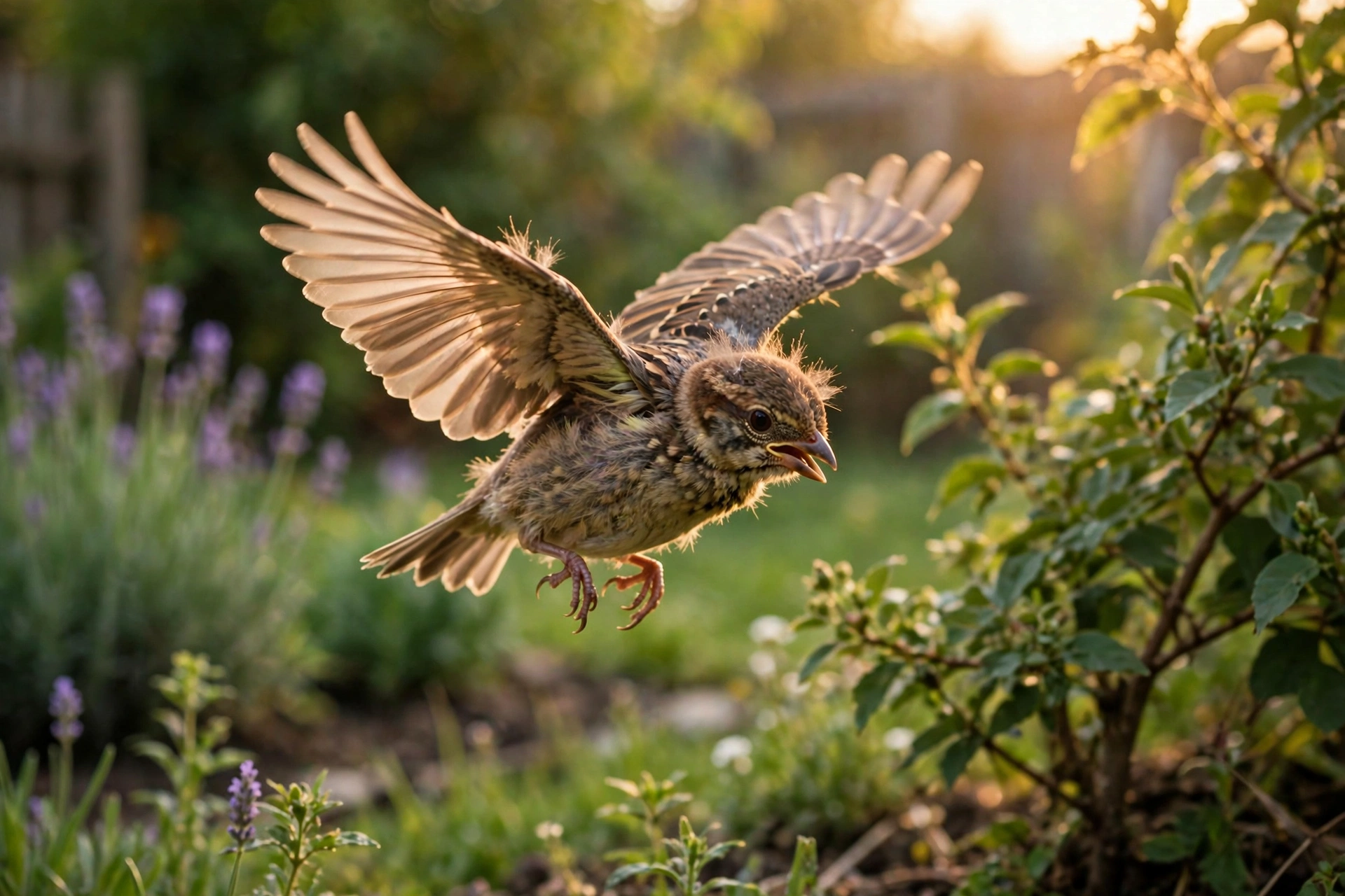 How Do Baby Birds Learn to Fly? The Fledging Process 5 Young fledgling bird gliding low in its first clumsy flight toward a bush
