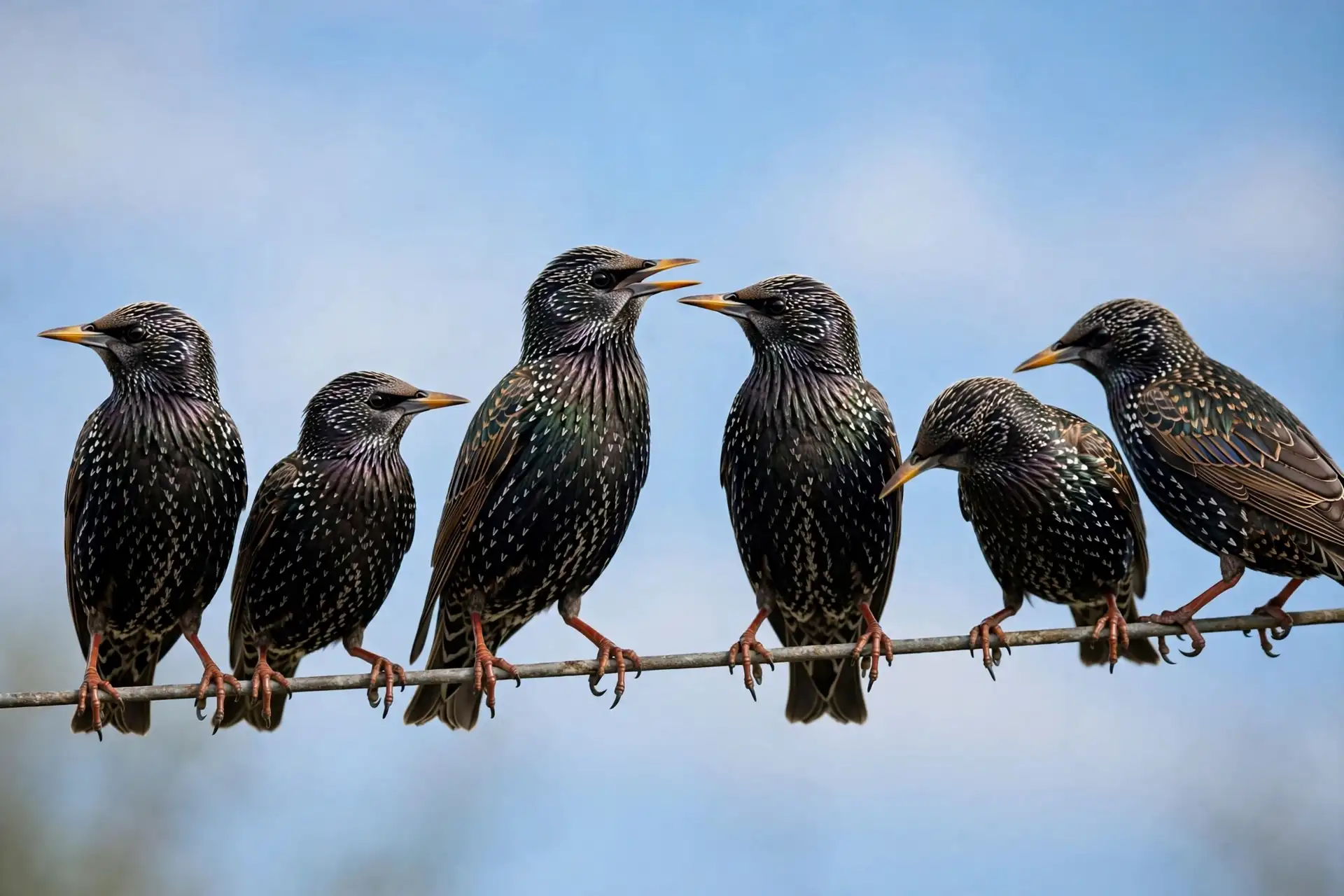 A small flock of starlings perched together on a telephone wire, turning toward each other