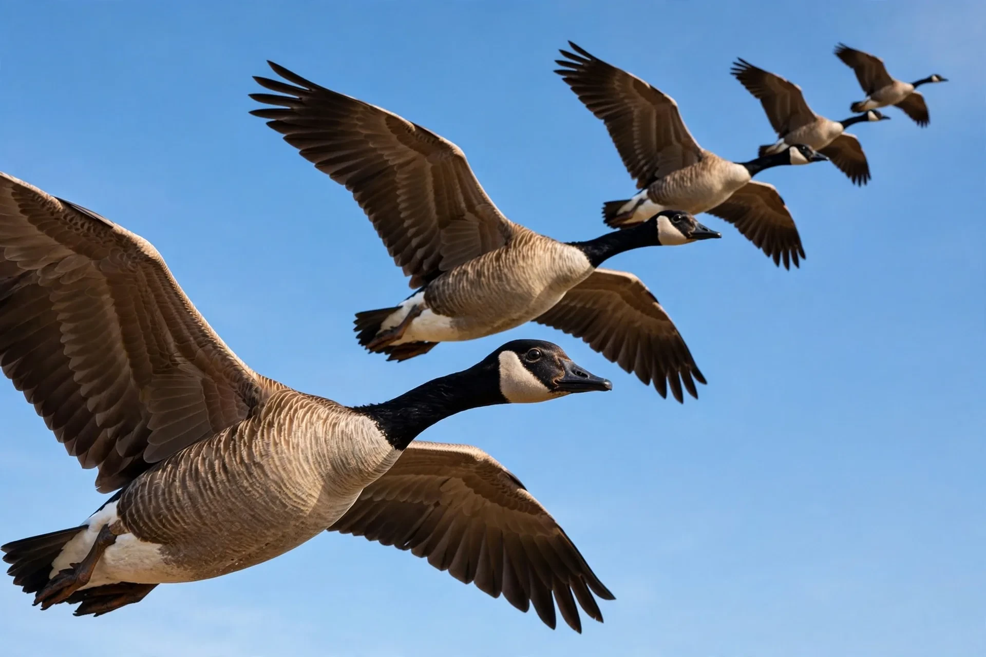 Close-up of Canada geese in V formation showing the staggered spacing between birds