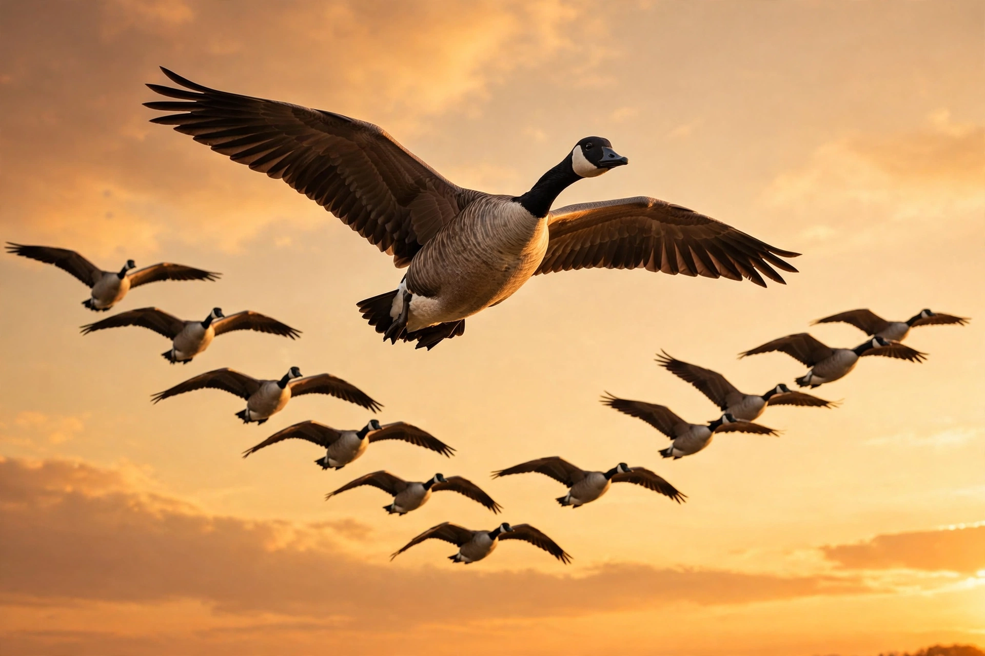 Canada geese flying in a perfect V formation against an autumn sunset sky