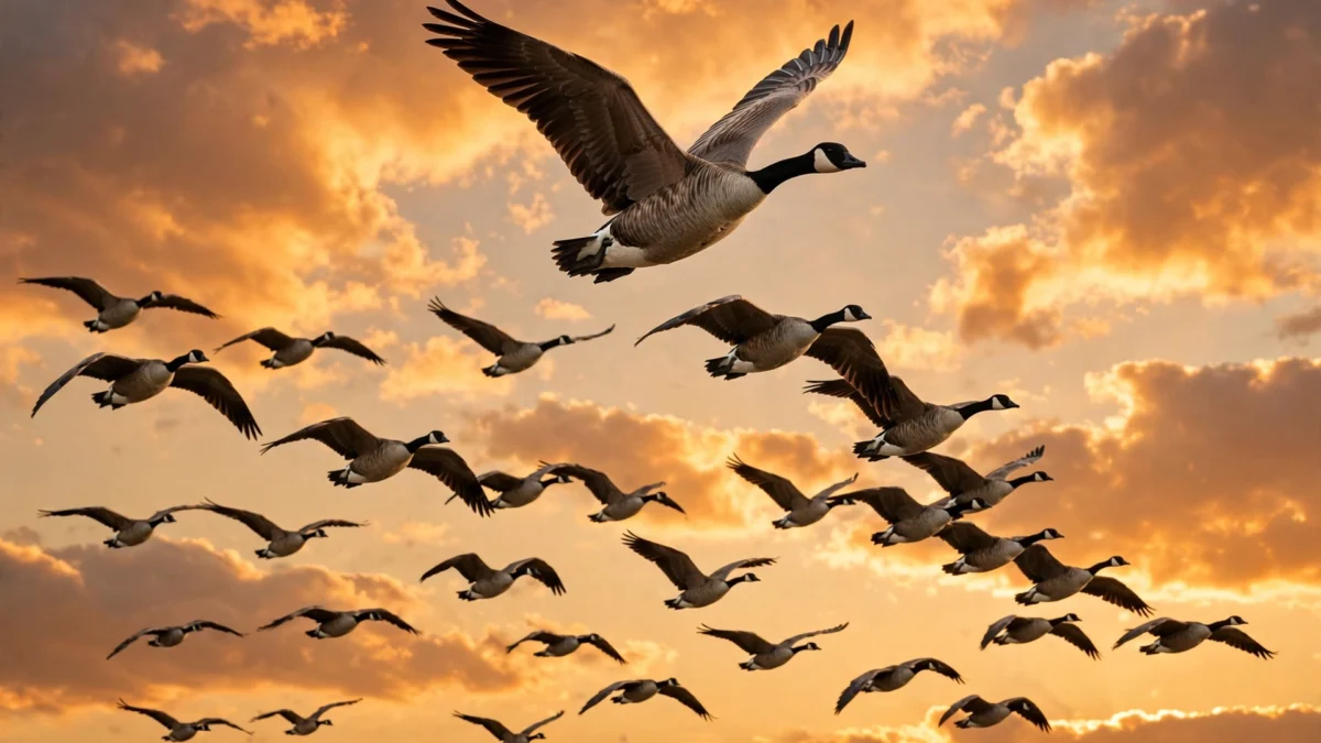 A flock of Canada geese flying in a V formation across an orange autumn sunset sky