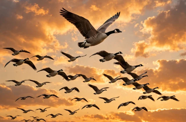 A flock of Canada geese flying in a V formation across an orange autumn sunset sky