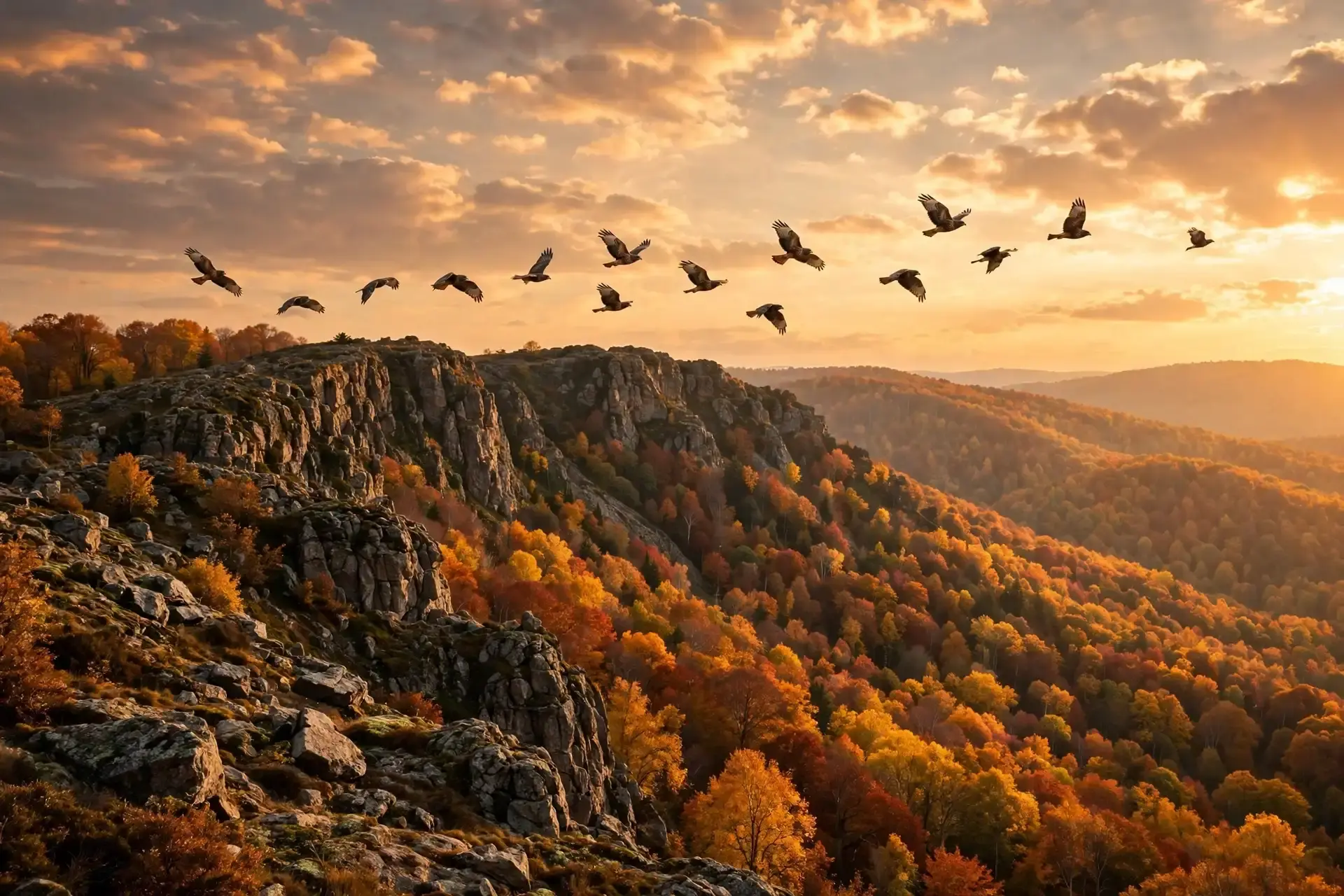A stream of migrating hawks gliding over a rocky ridge at sunset