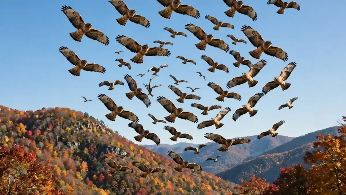 A large kettle of broad-winged hawks circling together in a thermal over an autumn mountain ridge