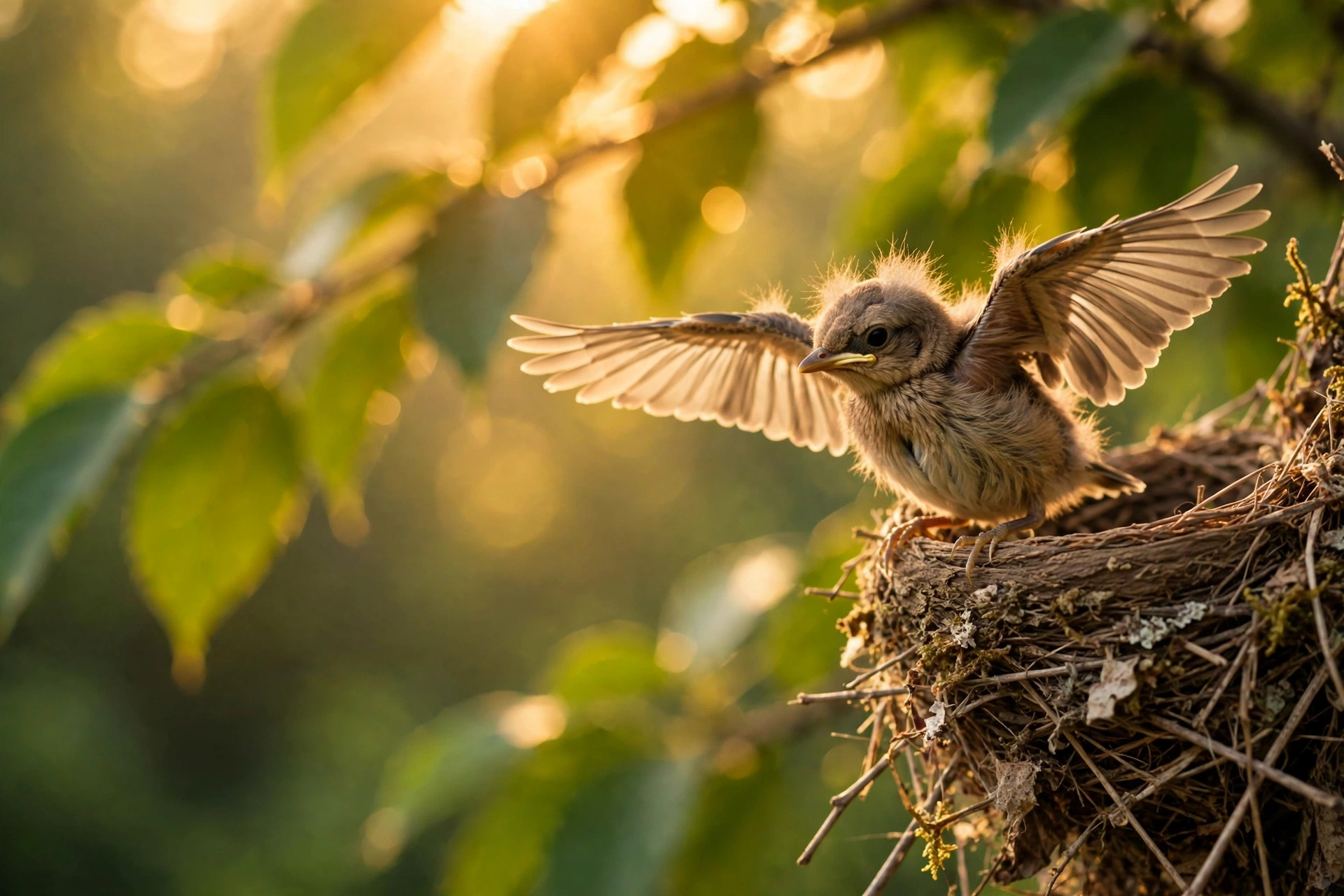 How Do Baby Birds Learn to Fly? The Fledging Process 2 Fledgling learning how baby birds learn to fly, perched at the edge of its nest in golden morning light