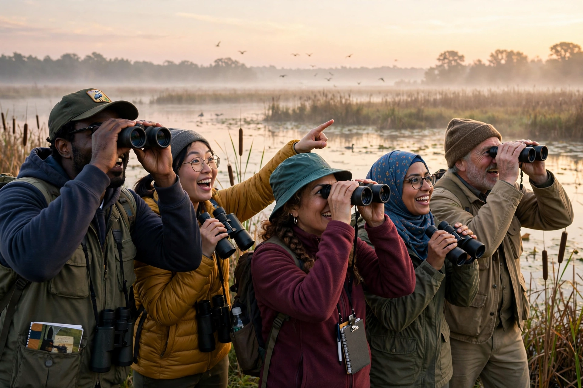 Diverse group of birders with binoculars watching birds at sunrise in a wetland