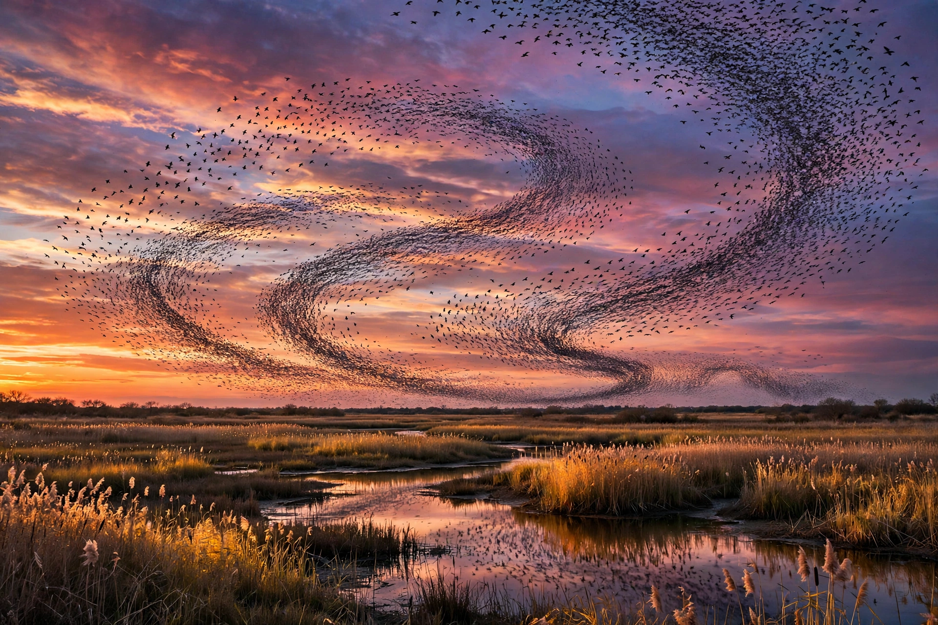 Massive starling murmuration forming swirling dark ribbons across a dramatic orange and purple dusk sky over a golden reedbed