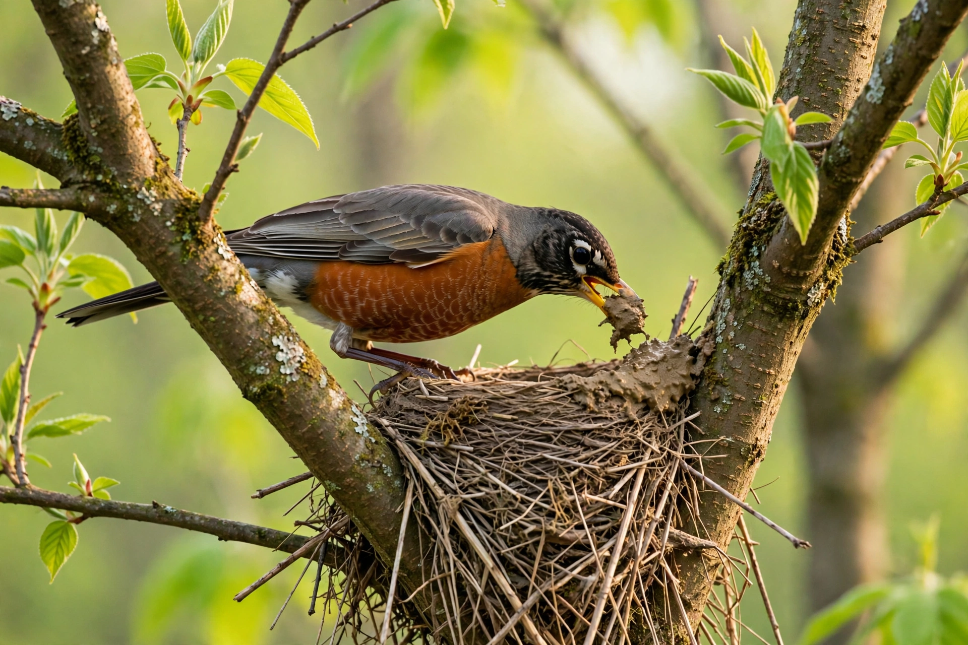 American robin pressing a mud pellet into the rim of a half-built cup nest in a tree fork