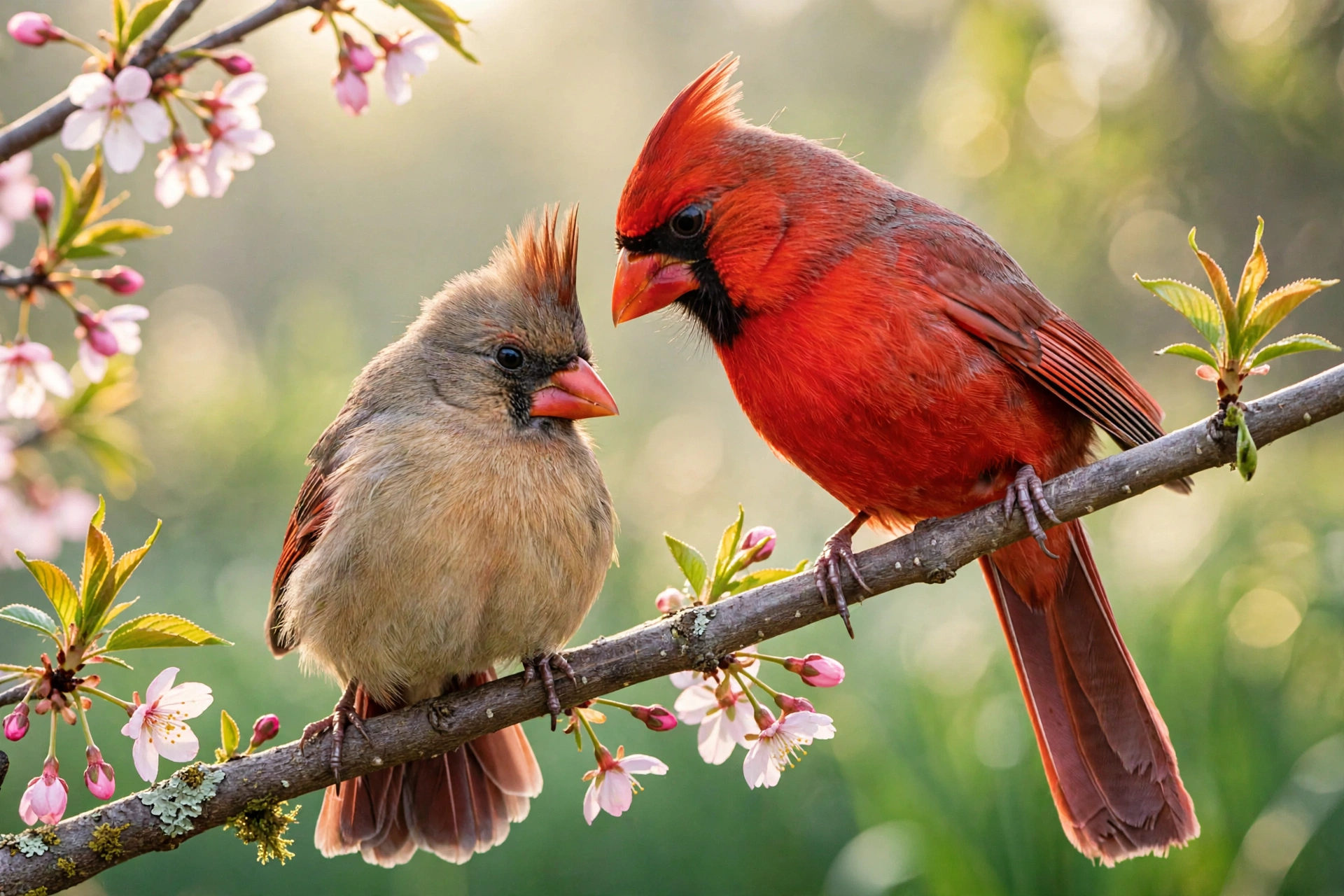 Male and female northern cardinal perched together on a branch during courtship