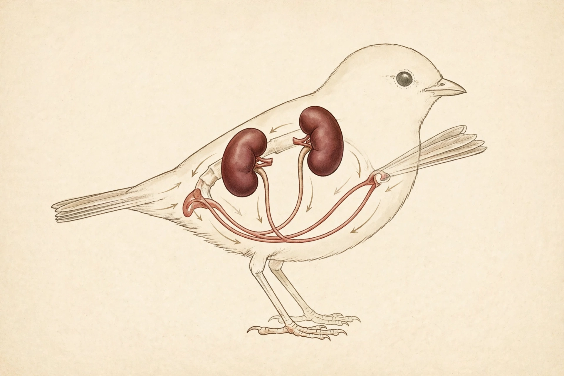 Educational illustration of a songbird showing the kidneys, ureter tubes and cloaca of the avian excretory system