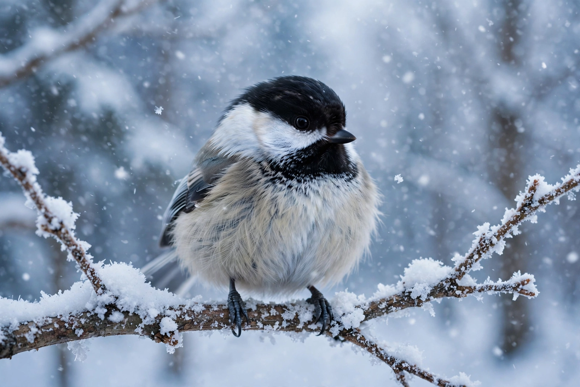 A fluffed-up black-capped chickadee perched on a snow-covered branch while snowflakes fall around it.