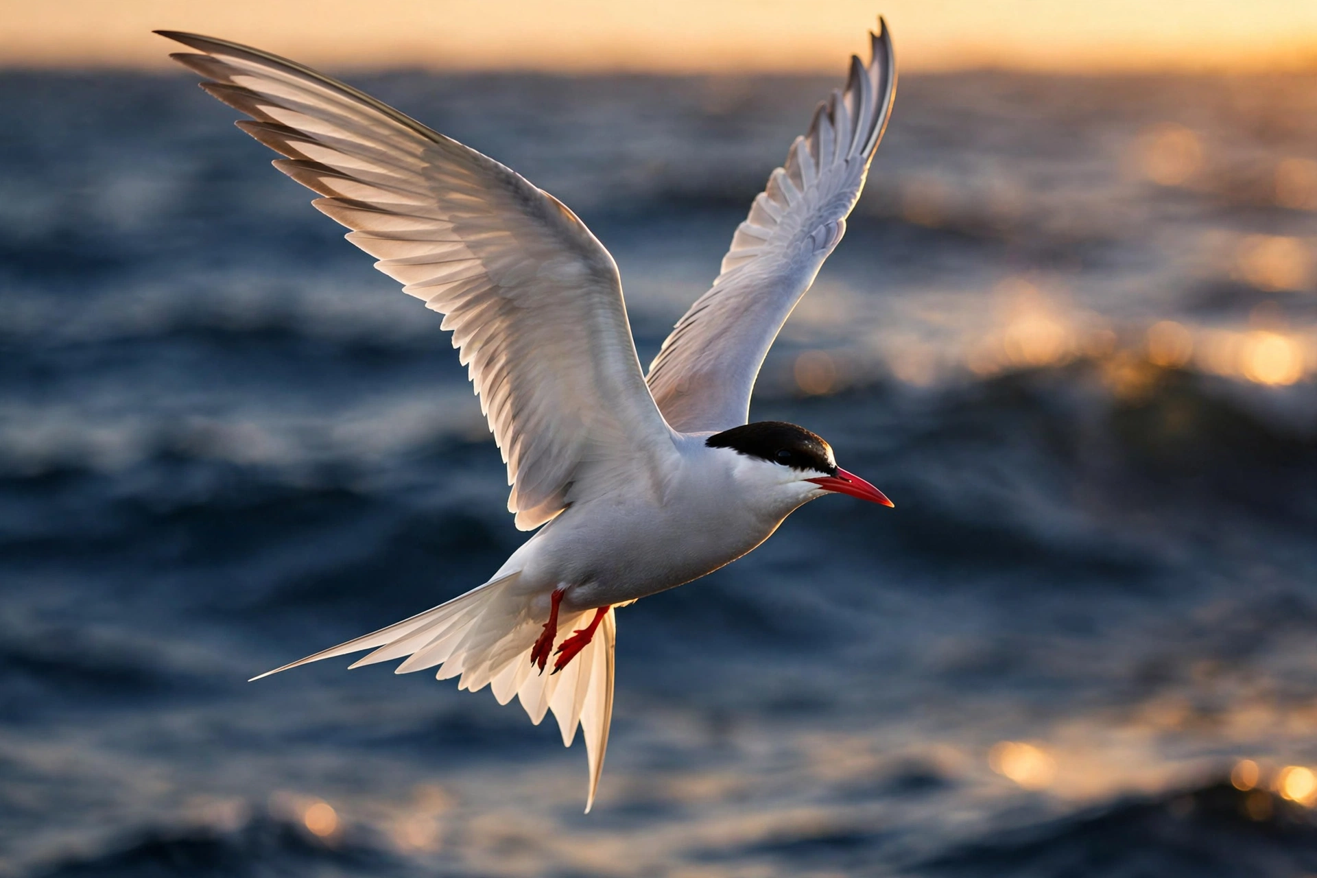 Arctic tern in flight over the ocean at sunset, the longest-distance migrant bird in the world