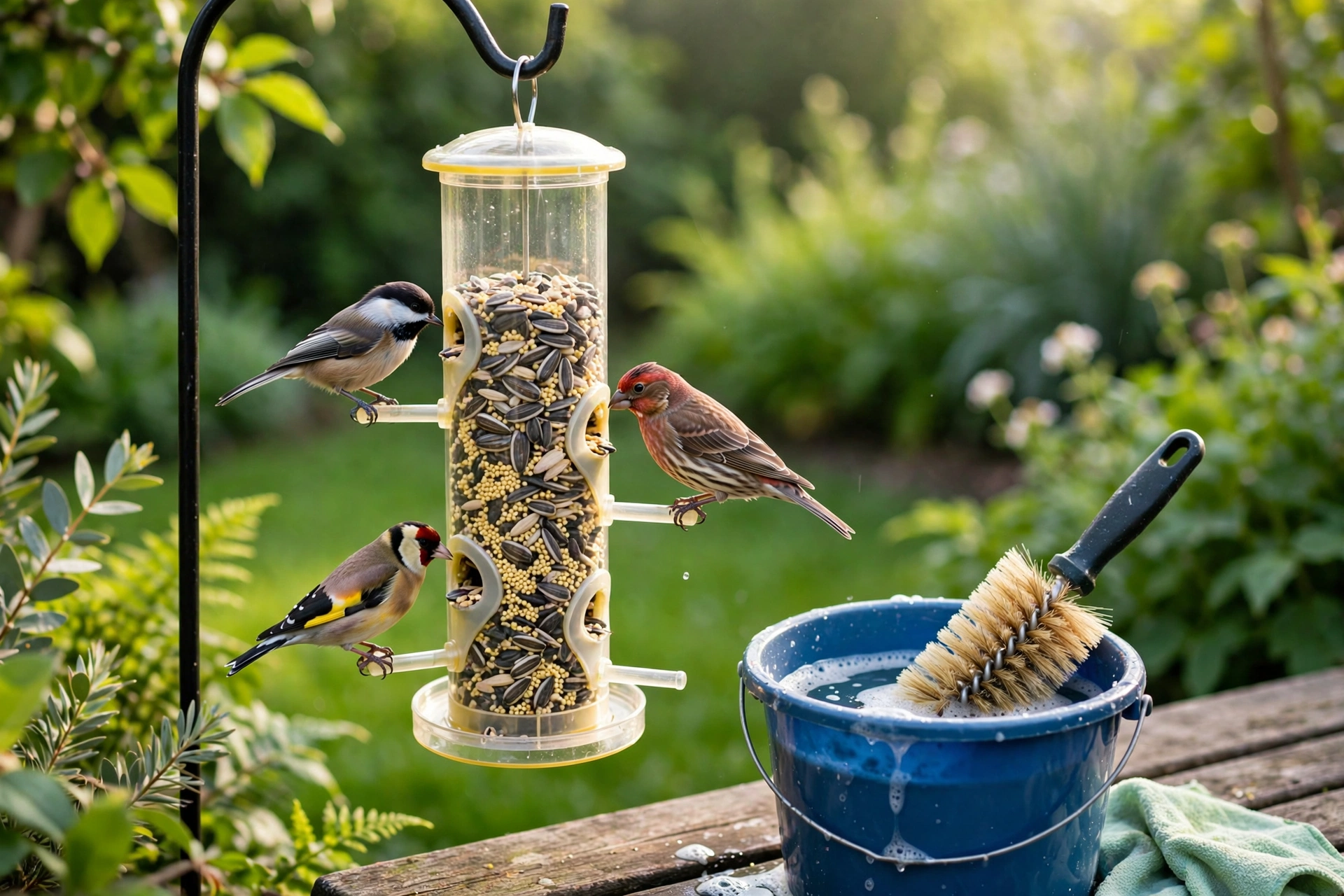 Sparkling clean hanging tube bird feeder with fresh seeds and songbirds feeding in a sunny garden