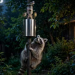 A raccoon clinging to a feeder pole at night, blocked by a metal stovepipe baffle while songbirds feed above